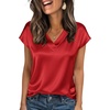 Zeagoo Women Satin V Neck Blouse Cap Short Sleeve Business Casual Top S-2XL(Red)