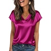 Zeagoo Women Satin V Neck Blouse Cap Short Sleeve Business Casual Top S-2XL(Rose Red)