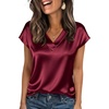 Zeagoo Women Satin V Neck Blouse Cap Short Sleeve Business Casual Top S-2XL(Wine Red)
