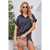 Zeagoo Womens Satin Blouse Short Sleeve Silk Tops Button Down Shirts(Black)
