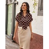 Zeagoo Womens Satin Blouse Short Sleeve Silk Tops Button Down Shirts(Brown Polka Dot)