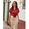 Zeagoo Womens Satin Blouse Short Sleeve Silk Tops Button Down Shirts(Red)