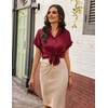 Zeagoo Womens Satin Blouse Short Sleeve Silk Tops Button Down Shirts(Wine Red)