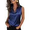 Zeagoo Womens Satin Blouse Sleeveless Silk Tank Tops Button Down Shirts(Navy)