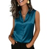 Zeagoo Womens Satin Blouse Sleeveless Silk Tank Tops Button Down Shirts(Teal Blue-1)