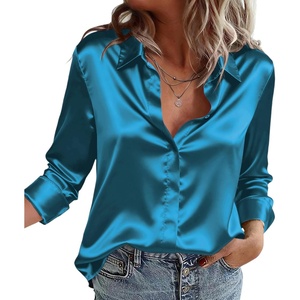 Zeagoo Satin Blouses for Women Casual Long Sleeve Button Down Silk Shirts Dressy Business Work Tunic Top(Lake Blue)