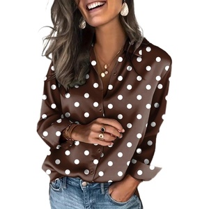 Zeagoo Satin Blouses for Women Silk Button Down Shirts Long Sleeve Tops(Chocolate Polka Dots)