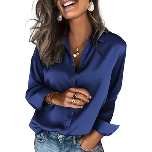 Zeagoo Satin Blouses for Women Silk Button Down Shirts Long Sleeve Tops(Navy)