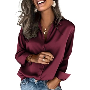 Zeagoo Satin Blouses for Women Silk Button Down Shirts Long Sleeve Tops(Wine Red)