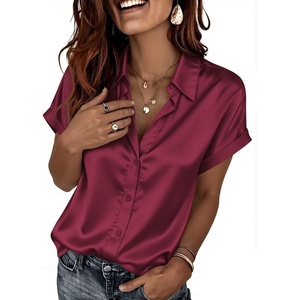 Zeagoo Satin Blouses for Women Silk Button Down Shirts Short Sleeve Tops Work Business Casual Summer Outfits(Wine Red)