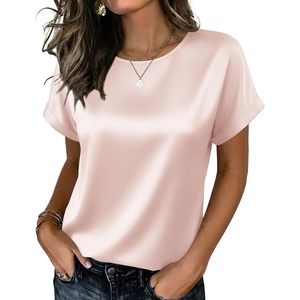 Zeagoo Satin Silk Blouses Short Sleeve Crewneck Top for Women Dressy Casual(Champagne)