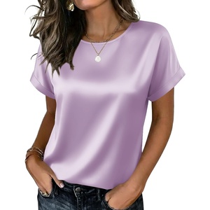 Zeagoo Satin Silk Blouses Short Sleeve Crewneck Top for Women Dressy Casual(Light Purple)