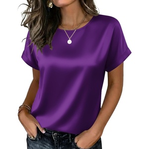 Zeagoo Satin Silk Blouses Short Sleeve Crewneck Top for Women Dressy Casual(Purple)
