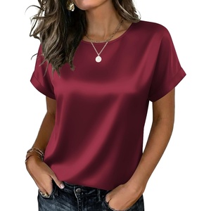 Zeagoo Satin Silk Blouses Short Sleeve Crewneck Top for Women Dressy Casual(Wine Red)