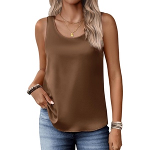 Zeagoo Silk Satin Tank Tops for Women Scoop Neck Sleeveless Camisole Tops(Brown)