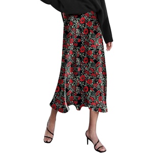 Zeagoo Skirts for Women High Waist Skirt Elegant Midi Skirt Satin(Red Floral)