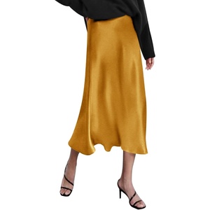 Zeagoo Skirts for Women High Waist Skirt Elegant Midi Skirt Satin(Yellow)