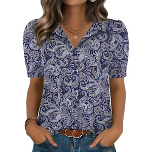 Zeagoo Women Button Down Shirts Puff Short Sleeve Blouses Chiffon Tops(Bohemia-mz473)