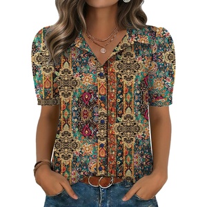 Zeagoo Women Button Down Shirts Puff Short Sleeve Blouses Chiffon Tops(Boho-mz721)