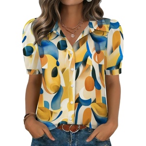 Zeagoo Women Button Down Shirts Puff Short Sleeve Blouses Chiffon Tops(Multicolor-jh579)