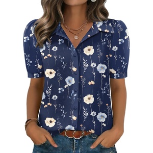 Zeagoo Women Button Down Shirts Puff Short Sleeve Blouses Chiffon Tops(Navy Flowers-bf318)