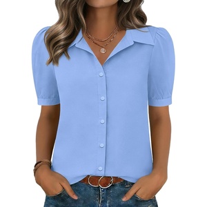 Zeagoo Women Button Down Shirts Puff Short Sleeve Blouses Chiffon Tops(Sky Blue-clb)