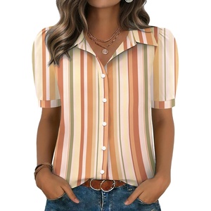 Zeagoo Women Button Down Shirts Puff Short Sleeve Blouses Chiffon Tops(Stripes-tw720)