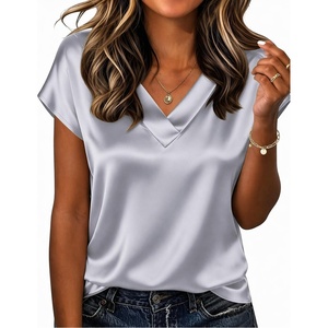 Zeagoo Women Satin V Neck Blouse Cap Short Sleeve Business Casual Top S-2XL(Grey)