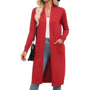 Zeagoo Women’s Long Cardigan Sweaters Lightweight Sweater Long Sleeve Open Front Casual Knit Duster Cardigans with Pocket(Red)