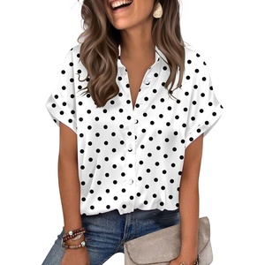 Zeagoo Womens Satin Blouse Short Sleeve Silk Tops Button Down Shirts(Black Polka Dot)