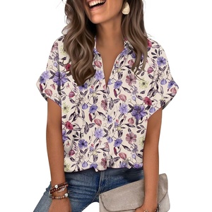 Zeagoo Womens Satin Blouse Short Sleeve Silk Tops Button Down Shirts(Floral-a)