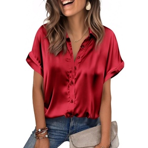Zeagoo Womens Satin Blouse Short Sleeve Silk Tops Button Down Shirts(Red)
