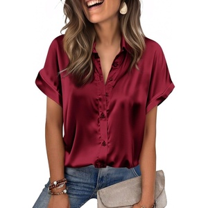Zeagoo Womens Satin Blouse Short Sleeve Silk Tops Button Down Shirts(Wine Red)