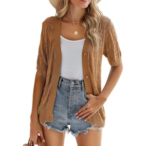 Zeagoo Women’s Short Sleeve Sweaters 2026 Summer Crochet Cropped Cardigan(Brown)