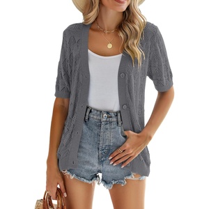 Zeagoo Women’s Short Sleeve Sweaters 2026 Summer Crochet Cropped Cardigan(Dark Grey)