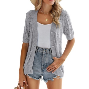 Zeagoo Women’s Short Sleeve Sweaters 2026 Summer Crochet Cropped Cardigan(Grey)