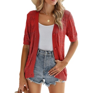 Zeagoo Women’s Short Sleeve Sweaters 2026 Summer Crochet Cropped Cardigan(Red)