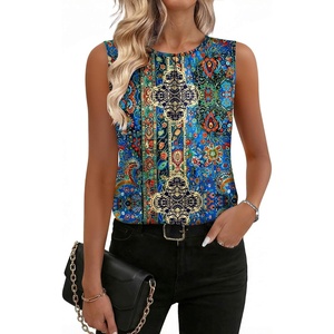 Zeagoo Womens Silk Satin Tank Tops Crew Neck Pleated Camisole Sleeveless Business Work Blouse Dressy Casual Summer Shirt(Blue Flower)