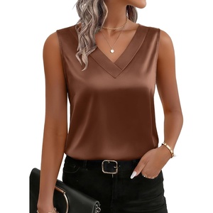 Zeagoo Women’s Silk Satin Tank Tops V Neck Camisoles Sleeveless Blouses(Brown)