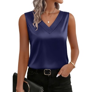 Zeagoo Women’s Silk Satin Tank Tops V Neck Camisoles Sleeveless Blouses(Navy Blue)