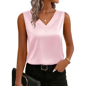 Zeagoo Women’s Silk Satin Tank Tops V Neck Camisoles Sleeveless Blouses(Pink)