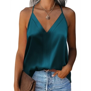 Zeagoo Womens Silk Satin Tank Tops V Neck Sleeveless Blouse Camisole Top(Blue)