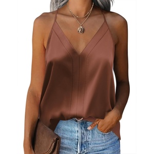 Zeagoo Womens Silk Satin Tank Tops V Neck Sleeveless Blouse Camisole Top(Brown)