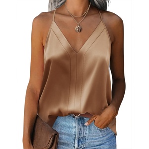 Zeagoo Womens Silk Satin Tank Tops V Neck Sleeveless Blouse Camisole Top(Camel)
