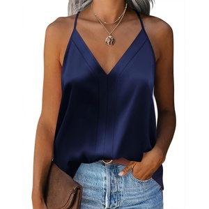 Zeagoo Womens Silk Satin Tank Tops V Neck Sleeveless Blouse Camisole Top(Navy Blue)