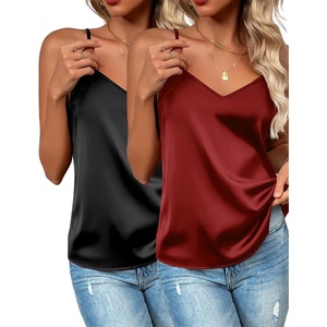 Zeagoo Women’s Silk Satin Tank Tops V Neck Sleeveless Camisole Basic Blouse(2 Pack: Black+wine Red)