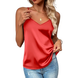 Zeagoo Women’s Silk Satin Tank Tops V Neck Sleeveless Camisole Basic Blouse(A-big Red)