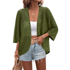 Zeagoo Womens Summer Crochet Cardigan Sweaters 3/4 Sleeve Batwing Kimono(Army Green)