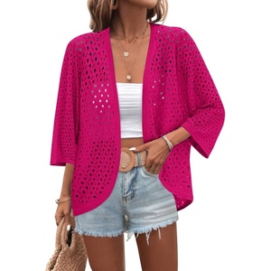 Zeagoo Womens Summer Crochet Cardigan Sweaters 3/4 Sleeve Batwing Kimono(Hot Pink)