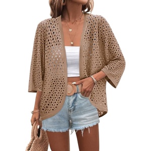 Zeagoo Womens Summer Crochet Cardigan Sweaters 3/4 Sleeve Batwing Kimono(Khaki)